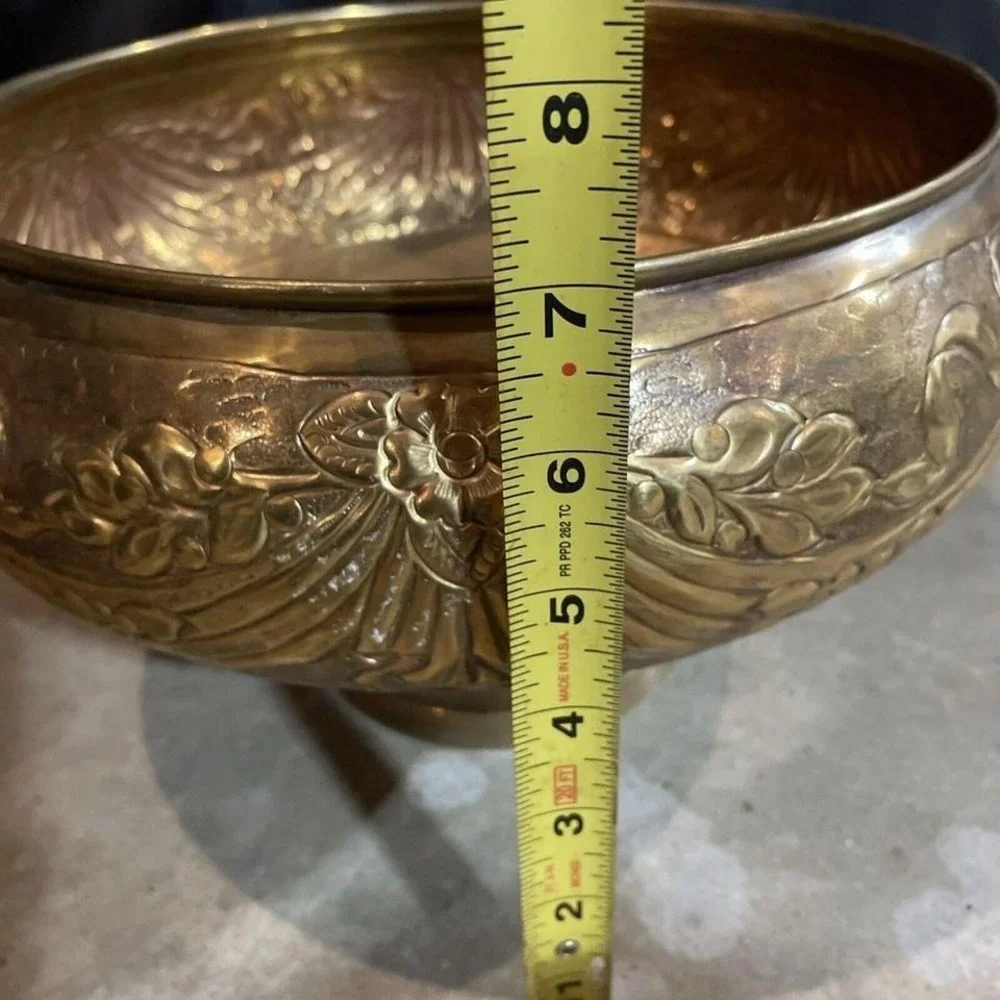 Early 1900s Indian Bronze Footed Bowl Floral Ribbons